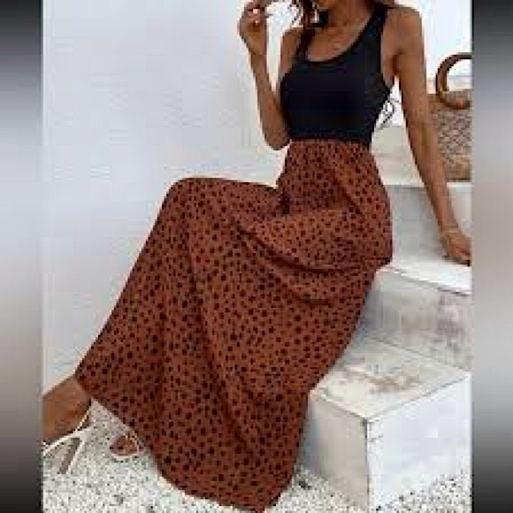 Shein Boho Dalmatian print, color block, sleeveless maxi dress,figure flattering - Picture 1 of 7